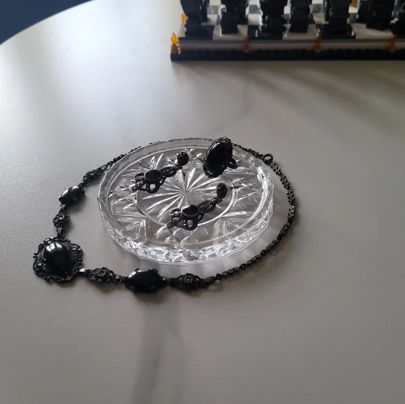 Edwardian Era Sterling Silver Jewelry Set with Necklace, Earrings, & Ring - Picture 3 of 5